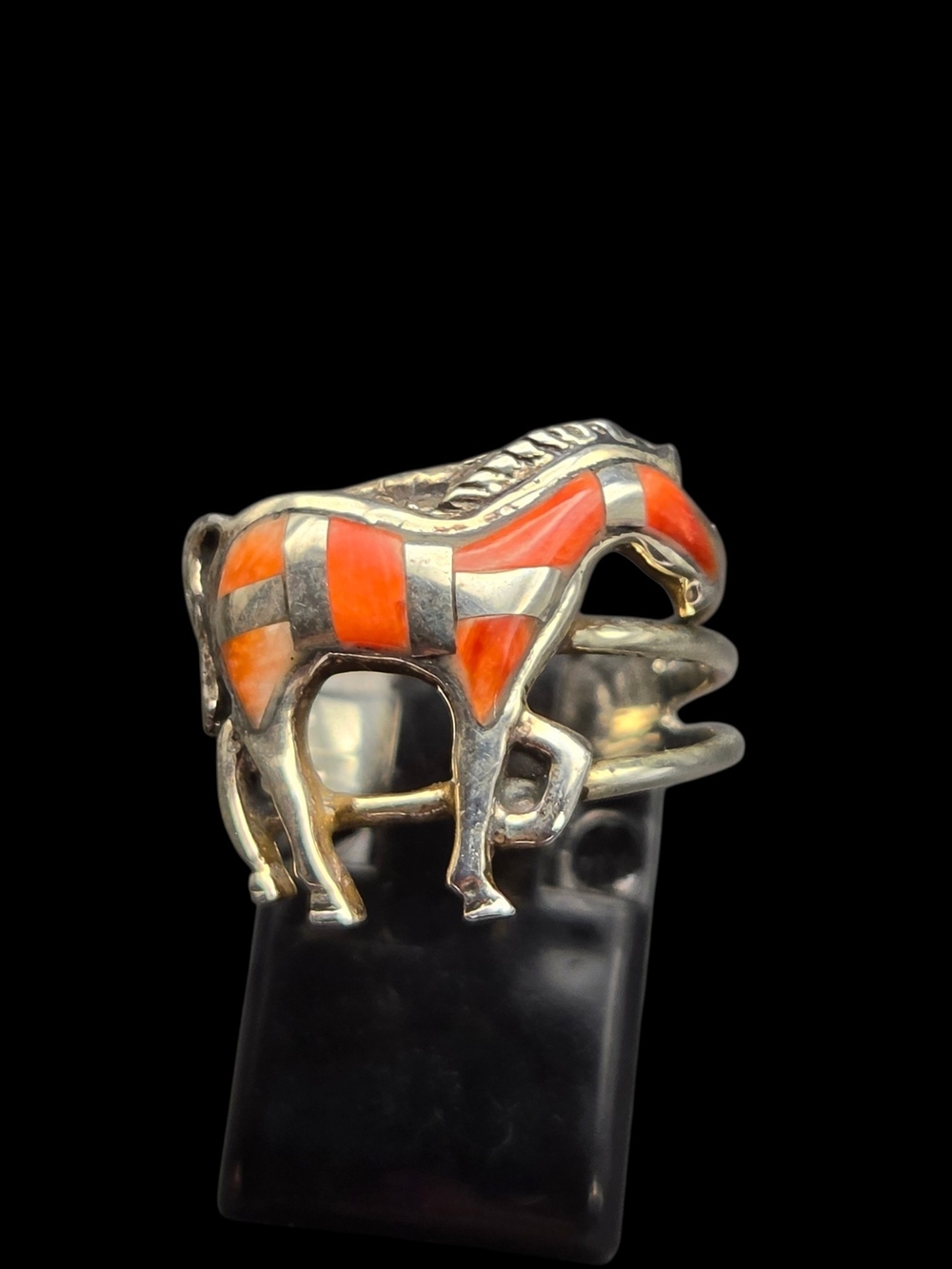 Silver Horse Ring with Orange Spiny Inlay - Women's Jewelry 8